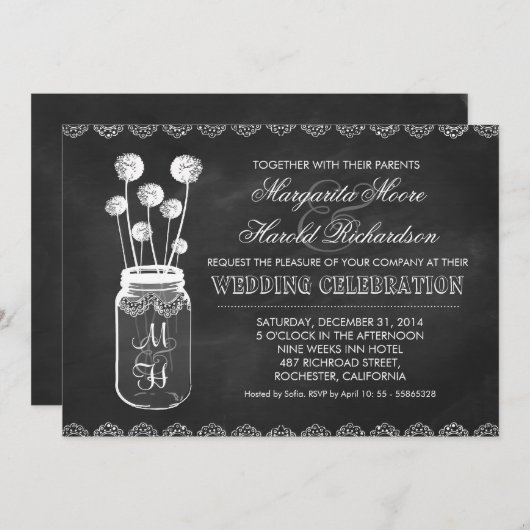 Chalkboard metselaar pot paardenbloemen bruiloft u kaart (Voorkant / Achterkant)