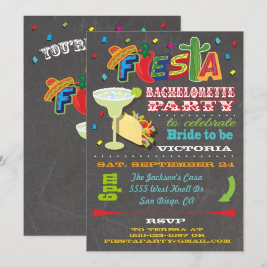 Chalkboard Mexican Fiesta Bachelorette Party Kaart (Voorkant / Achterkant)