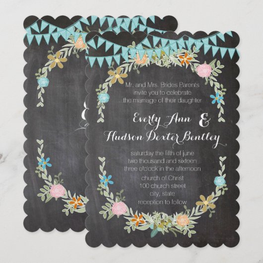 Chalkboard Mint Bunting Pennant Garland Wedding Kaart (Voorkant / Achterkant)