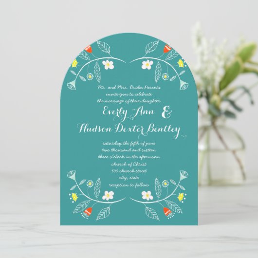 Chalkboard Mint en Coral Floral Garland Wedding Kaart (Staand voorkant)