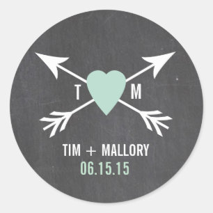 Chalkboard Mint Heart + Arrow   Weddenschappen Ronde Sticker