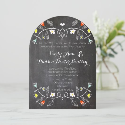 Chalkboard Mint Oranje Floral Garland Wedding Kaart (Staand voorkant)