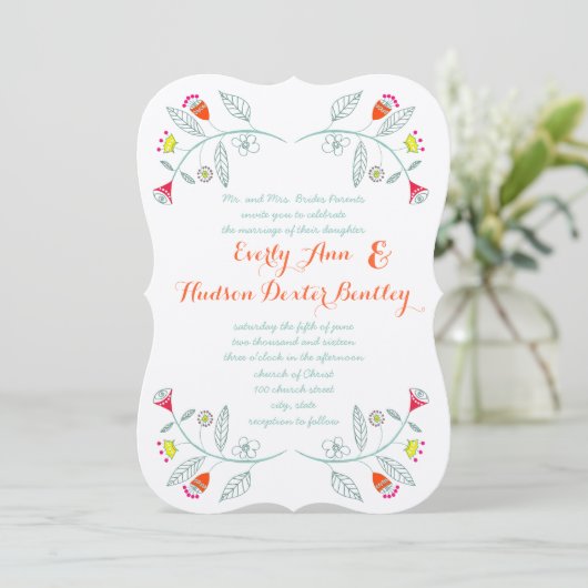 Chalkboard Mint Oranje Red Floral Garland Wedding Kaart (Staand voorkant)
