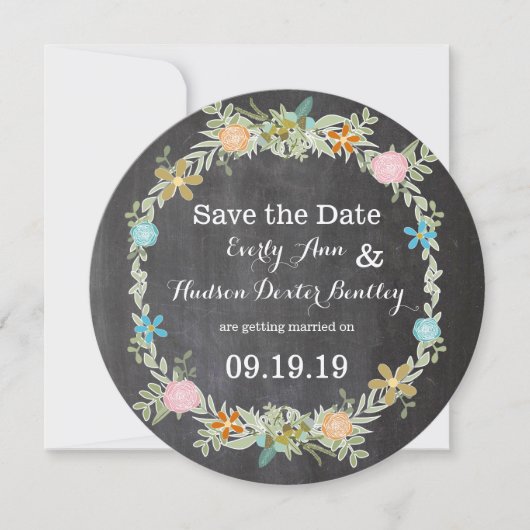Chalkboard Mint Pink Aqua Floral Garland Wedding Save The Date (Voorkant)