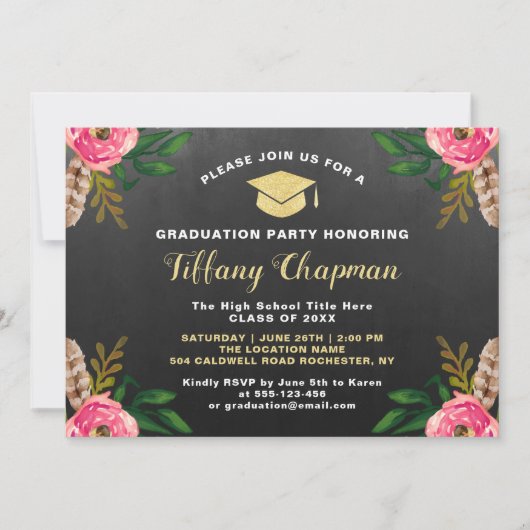 Chalkboard Modern Floral Graduation party Kaart (Voorkant)