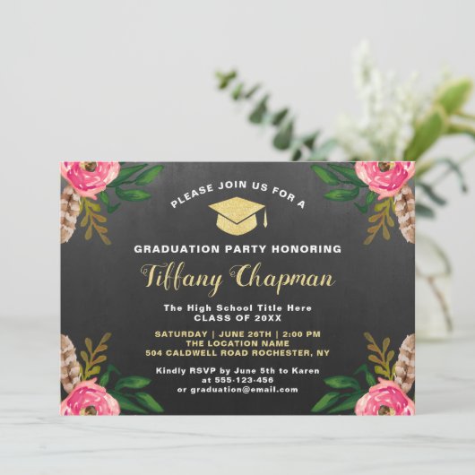  Chalkboard Modern Floral Graduation party Kaart (Staand voorkant)