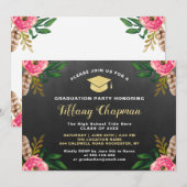 Chalkboard Modern Floral Graduation party Kaart (Voorkant / Achterkant)