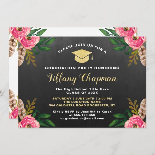 Chalkboard Modern Floral Graduation party Kaart (Voorkant / Achterkant)