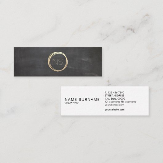 Chalkboard Modern Gold Circle Accent Monogram Mini Visitekaartje (Voorkant / Achterkant)