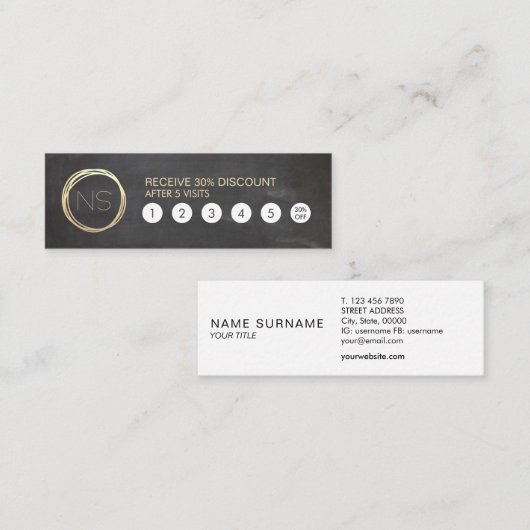 Chalkboard Modern Gold Circle Monogram Loyalty Mini Visitekaartje (Voorkant / Achterkant)