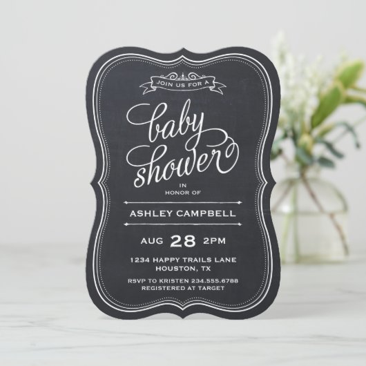 Chalkboard Modern Typography Baby shower Kaart (Staand voorkant)