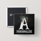 Chalkboard Monogram Letter met Blauwe Bloemen Vierkante Button 5,1 Cm (Voorkant /achterkant)