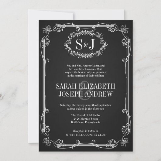Chalkboard Monogram Typografie Wedding Invitations Kaart (Voorkant)