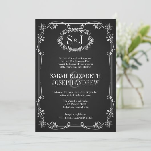Chalkboard Monogram Typografie Wedding Invitations Kaart (Staand voorkant)