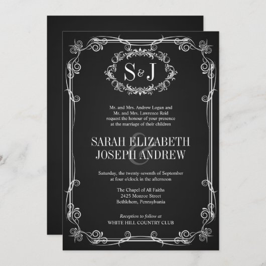 Chalkboard Monogram Typografie Wedding Invitations Kaart (Voorkant / Achterkant)