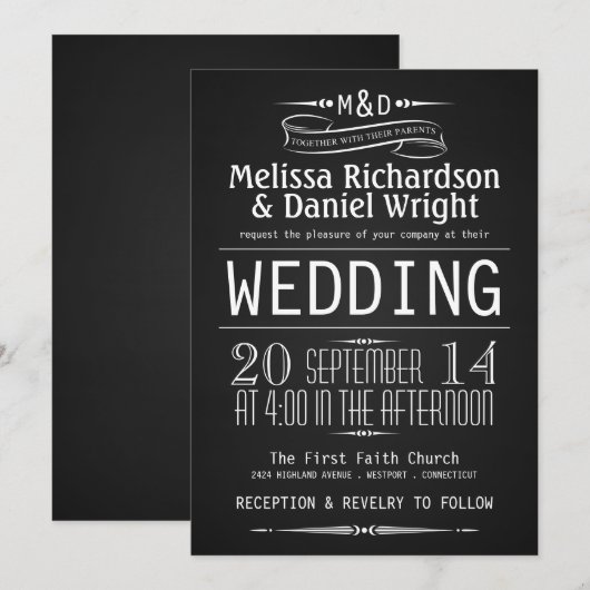 Chalkboard Monogram Typografie Wedding Invitations Kaart (Voorkant / Achterkant)