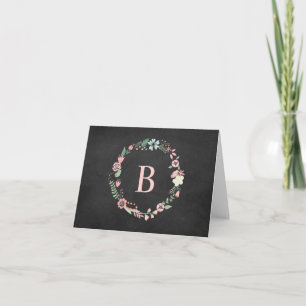 Chalkboard Monogrammed Floral Wreath Notitiekaartje