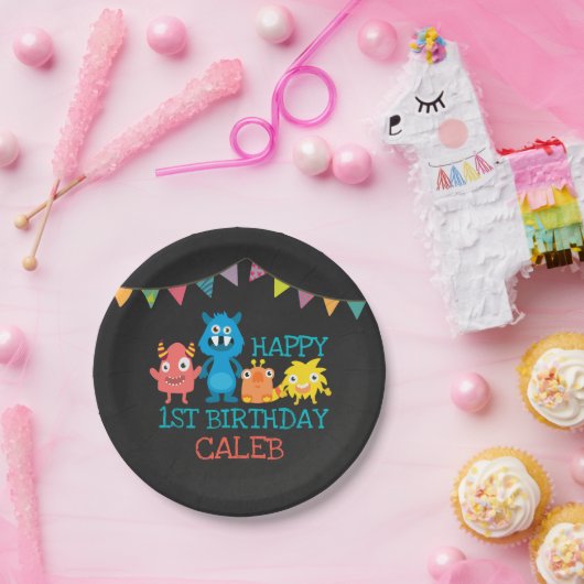 Chalkboard Monster First Birthday Boys Papieren Bordje (Feest)