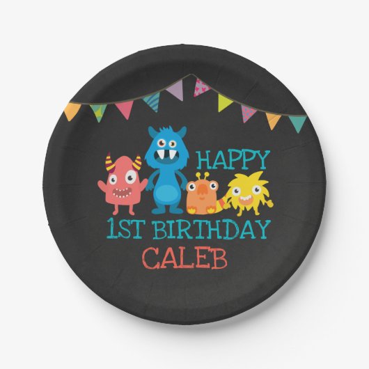 Chalkboard Monster First Birthday Boys Papieren Bordje (Voorkant)