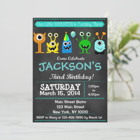 Chalkboard Monster Third Birthday Invitation Kaart (Staand voorkant)