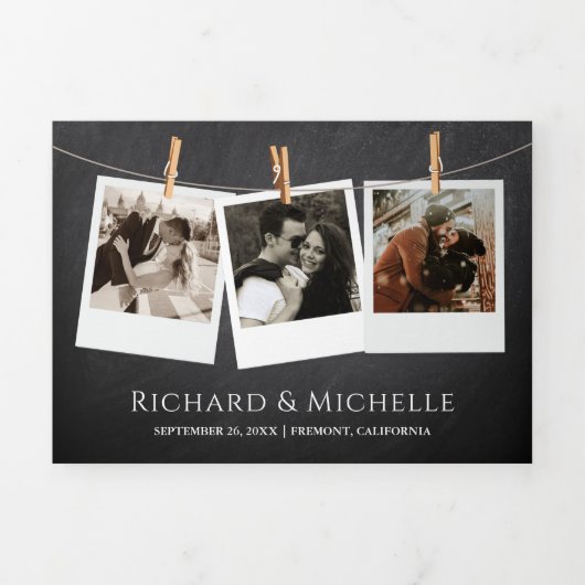 Chalkboard Mountain Forest String Lights Wedding Drieluik Uitnodiging (Cover)