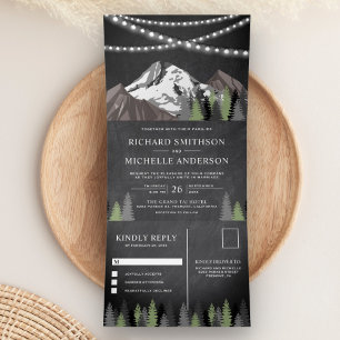 Chalkboard Mountain Forest String Lights Wedding Drieluik Uitnodiging