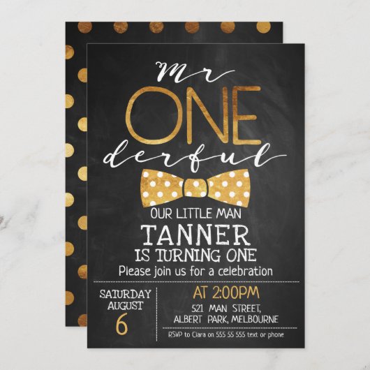 Chalkboard Mr. One-derful Verjaardag Uitnodiging (Voorkant / Achterkant)