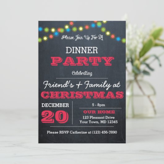 Chalkboard Multi Lights Red Holiday Uitnodiging (Staand voorkant)