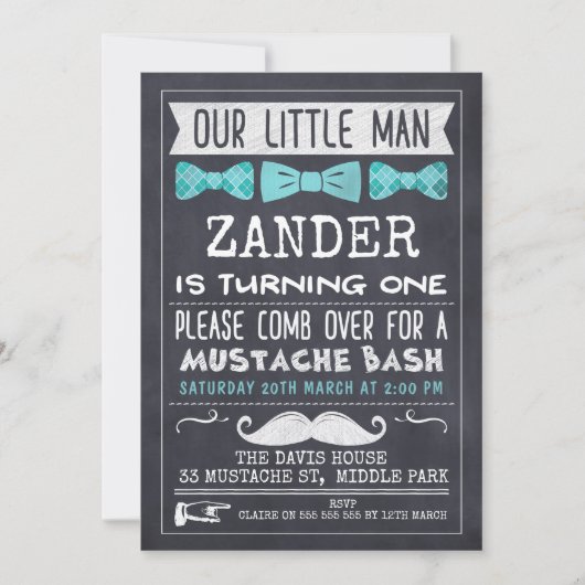 Chalkboard Mustache 1st Birthday Uitnodiging (Voorkant)