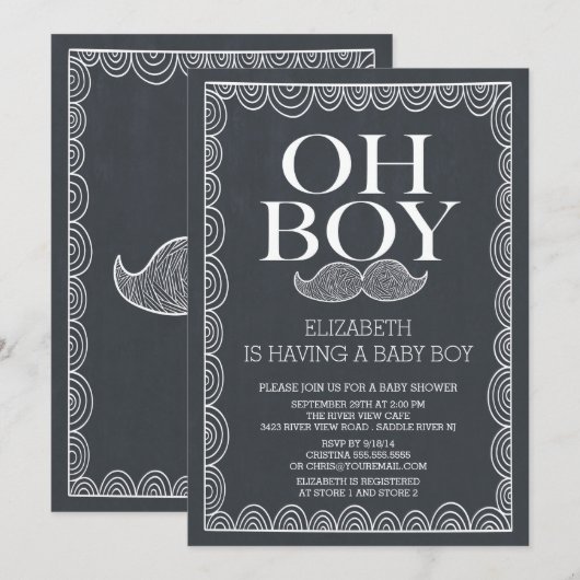 Chalkboard Mustache Baby shower Invitatation Kaart (Voorkant / Achterkant)