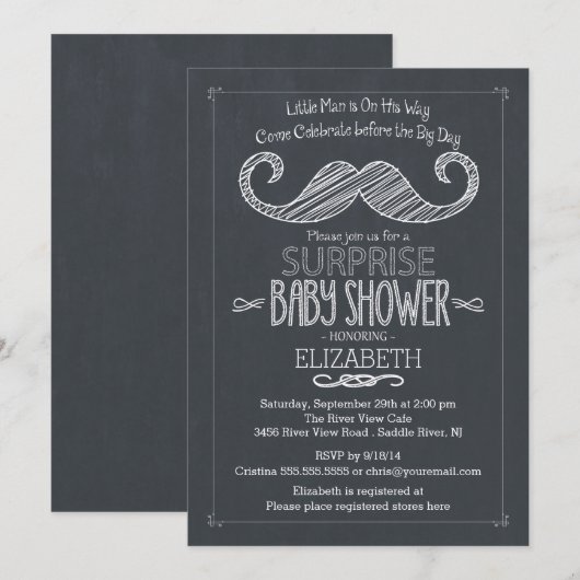 Chalkboard Mustache Baby shower Invitatation Kaart (Voorkant / Achterkant)