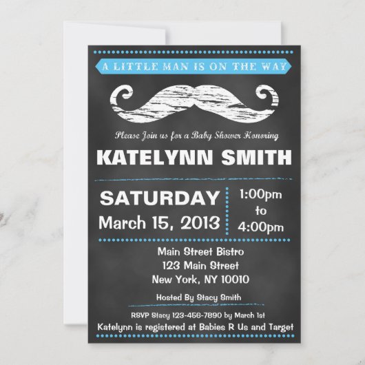Chalkboard Mustache Baby shower Invite Kaart (Voorkant)