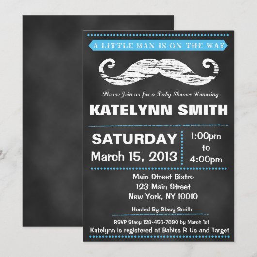 Chalkboard Mustache Baby shower Invite Kaart (Voorkant / Achterkant)
