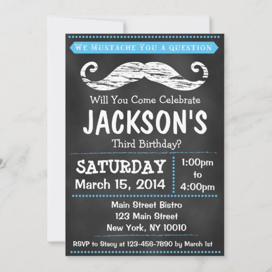 Chalkboard Mustache Birthday Party Invitation Kaart (Voorkant)