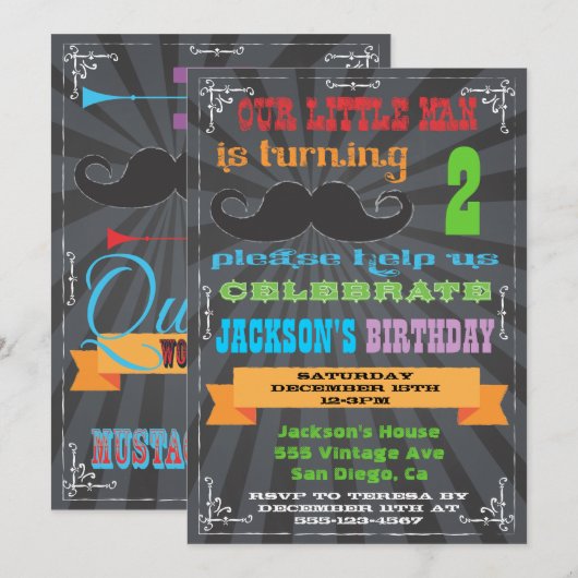 Chalkboard Mustache Birthday Party Kaart (Voorkant / Achterkant)