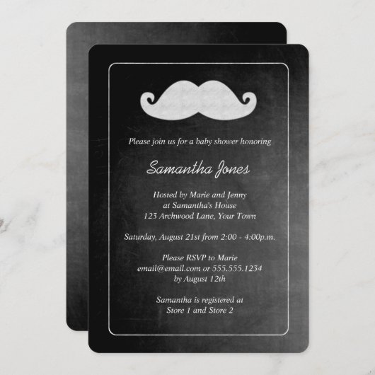 Chalkboard Mustache Boy Baby shower Kaart (Voorkant / Achterkant)