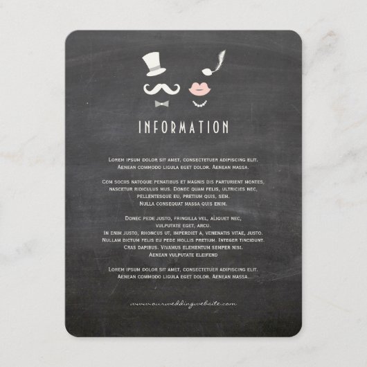 Chalkboard Mustache en Lips  Chic Wedding Informatiekaartje (Voorkant)