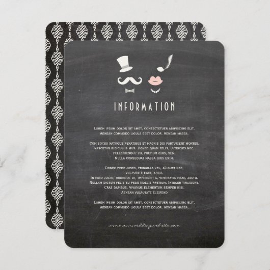 Chalkboard Mustache en Lips  Chic Wedding Informatiekaartje (Voorkant / Achterkant)