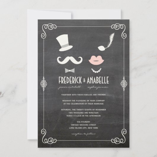 Chalkboard Mustache en Lips  Chic Wedding Kaart (Voorkant)