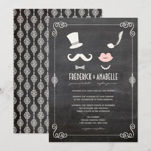 Chalkboard Mustache en Lips  Chic Wedding Kaart (Voorkant / Achterkant)