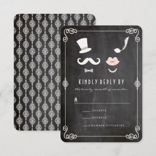 Chalkboard Mustache en Lips  Chic Wedding RSVP Kaartje (Voorkant / Achterkant)