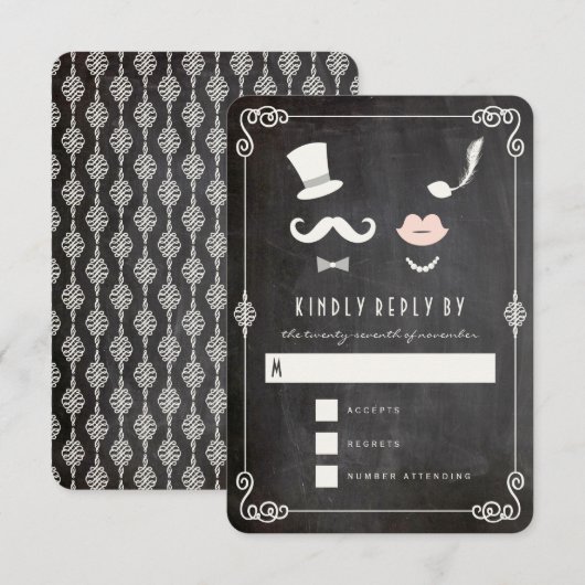 Chalkboard Mustache en Lips  Chic Wedding RSVP Kaartje (Voorkant / Achterkant)