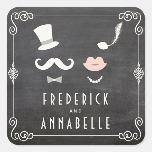 Chalkboard Mustache en Lips  Chic Wedding Vierkante Sticker (Voorkant)