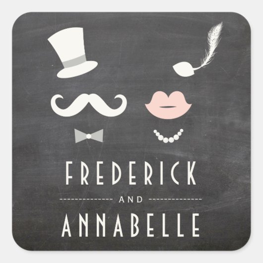 Chalkboard Mustache en Lips  Chic Wedding Vierkante Sticker (Voorkant)