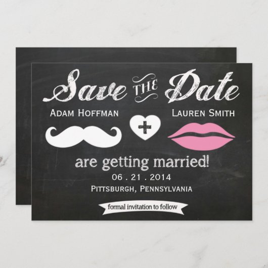 Chalkboard Mustache en Lips sparen de Datum Save The Date (Voorkant / Achterkant)