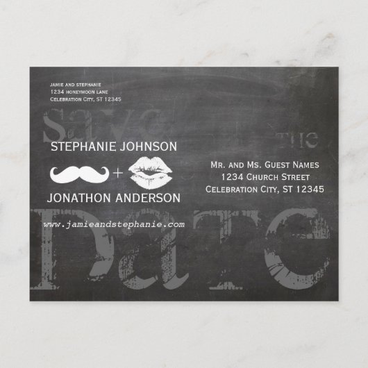 Chalkboard Mustache Lips Opslaan Datum Aankondigingskaart (Achterkant)