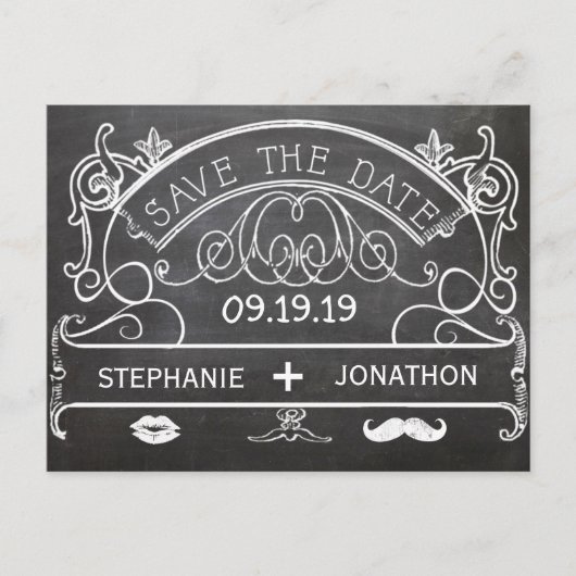 Chalkboard Mustache Lips  Opslaan Datum Aankondigingskaart (Voorkant)