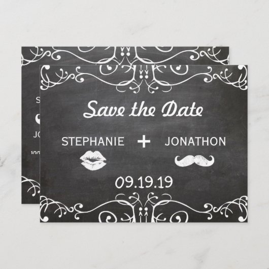 Chalkboard Mustache Lips  Opslaan Datum Aankondigingskaart (Voorkant / Achterkant)