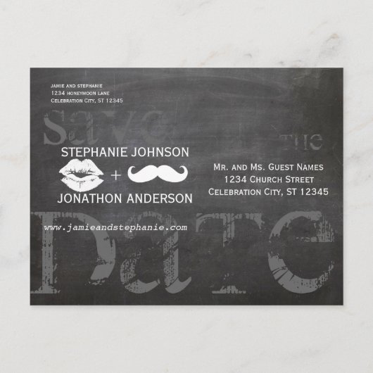 Chalkboard Mustache Lips  Opslaan Datum Aankondigingskaart (Achterkant)
