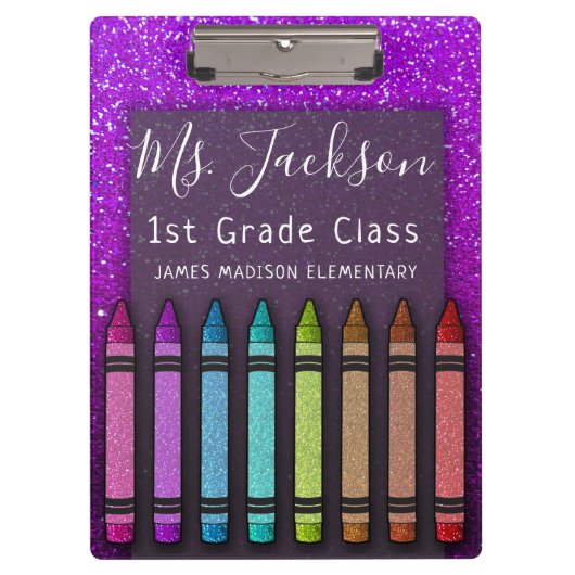 Chalkboard Naam leraar Rainbow Glitter Crayons Klembord (Voorkant)